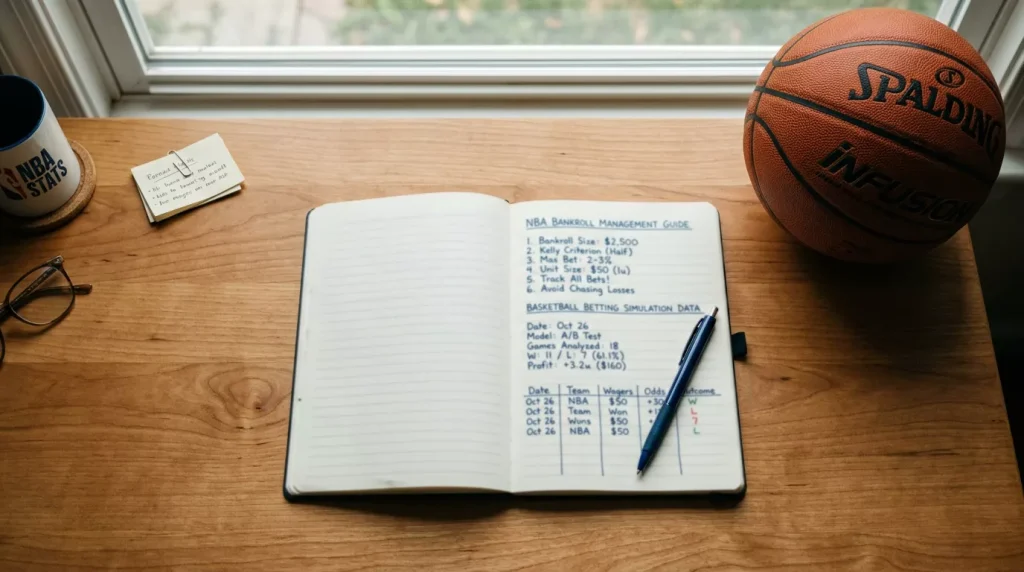 NBA bankroll management guide showing staking plans and simulation data for basketball betting