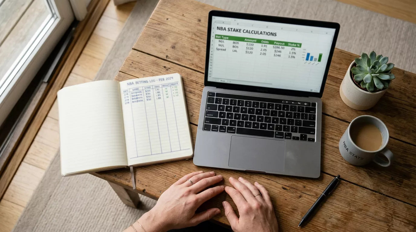 Person reviewing a structured NBA betting bankroll spreadsheet with stake sizing calculations on a desk