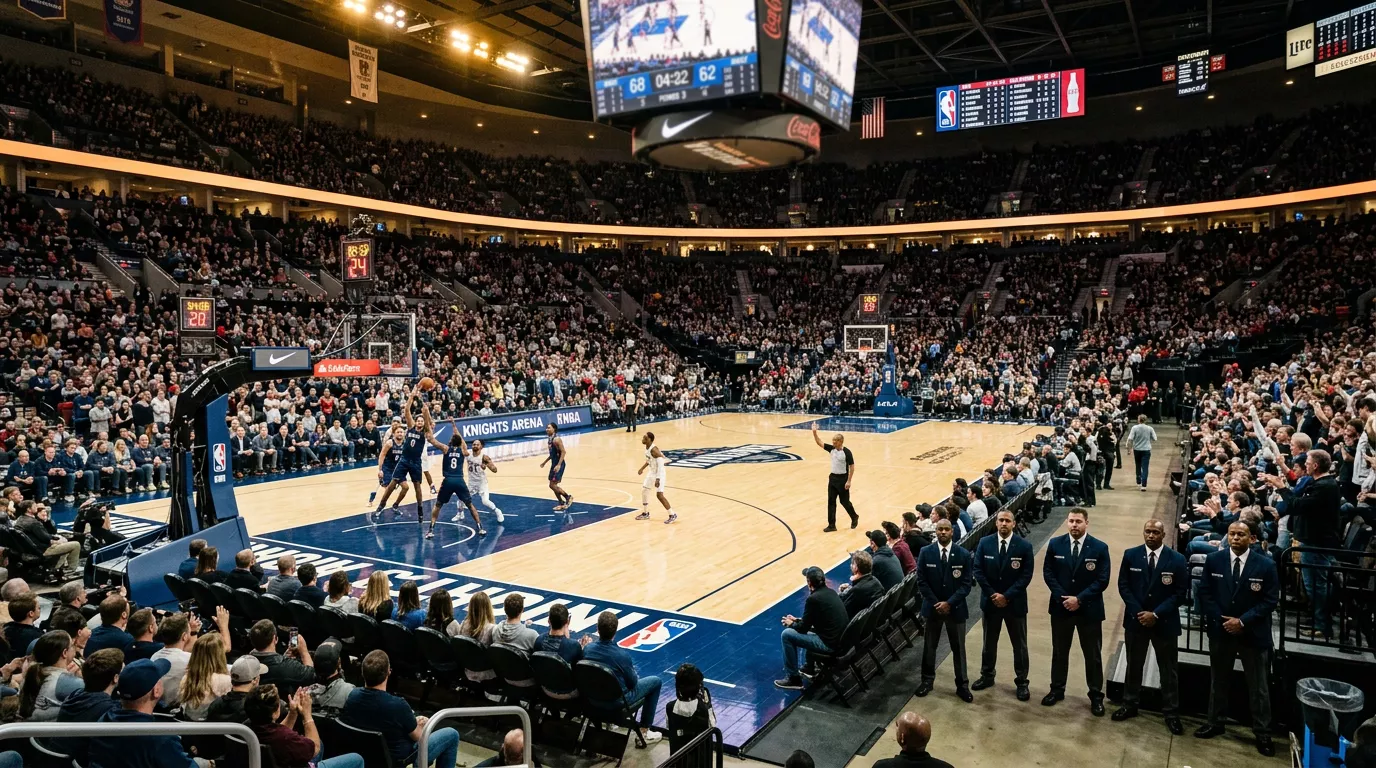 Basketball arena with officials and security personnel overseeing an NBA game under arena lights