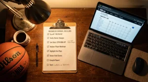 NBA pre-game analysis checklist covering 10 steps from schedule check to final stake sizing