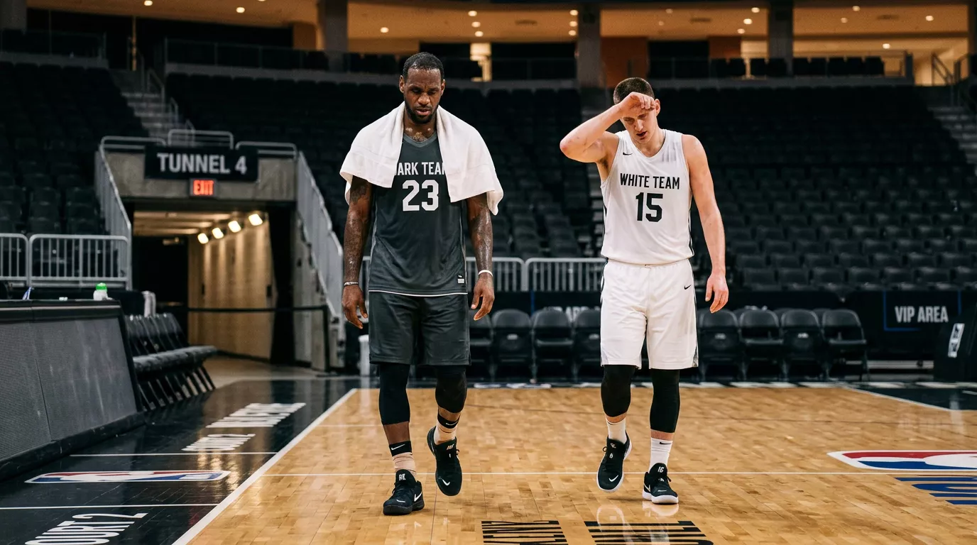NBA players during a back-to-back game showing visible fatigue on a hardwood basketball court